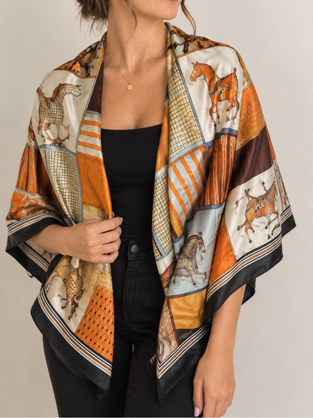 100% Silk Horse-Print Shawl Scarf - Orange Multi